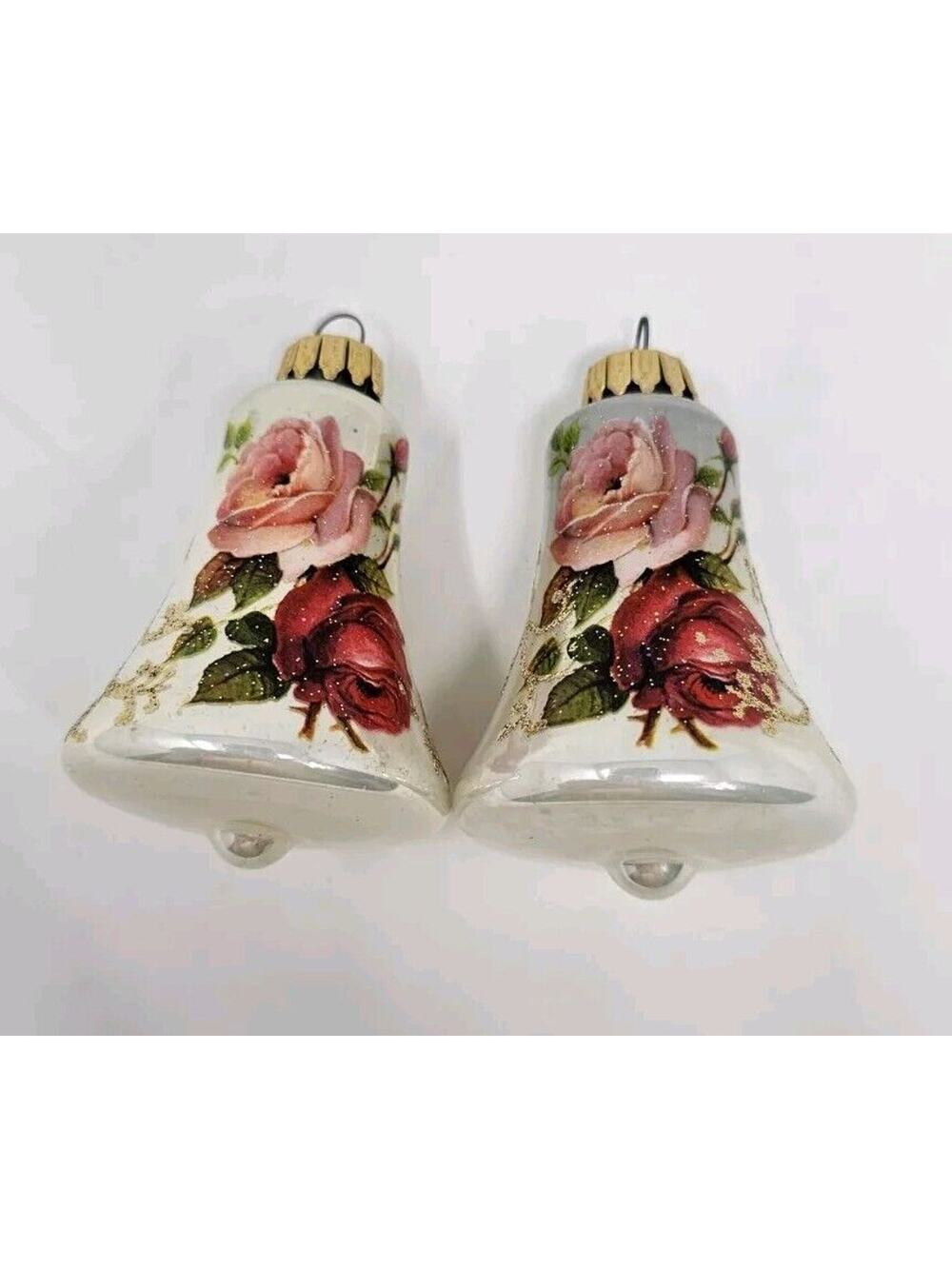 Krebs Bell Christmas Ornaments White w/Pink & Red Roses Set of 2 West Germany